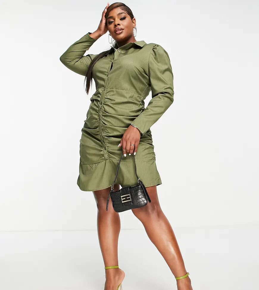 Missguided Plus ruched shirt mini dress in khaki-Green  Green