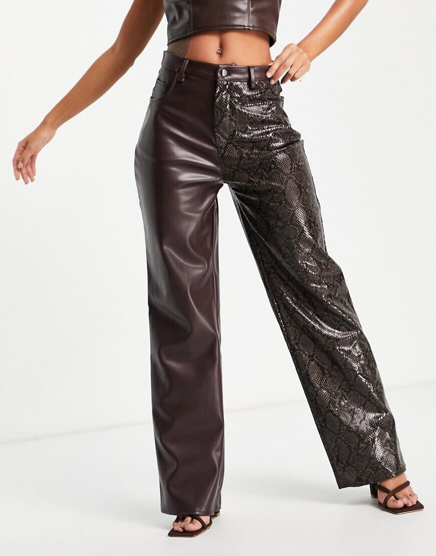 Missguided straight leg spliced trouser in brown faux leather  Brown