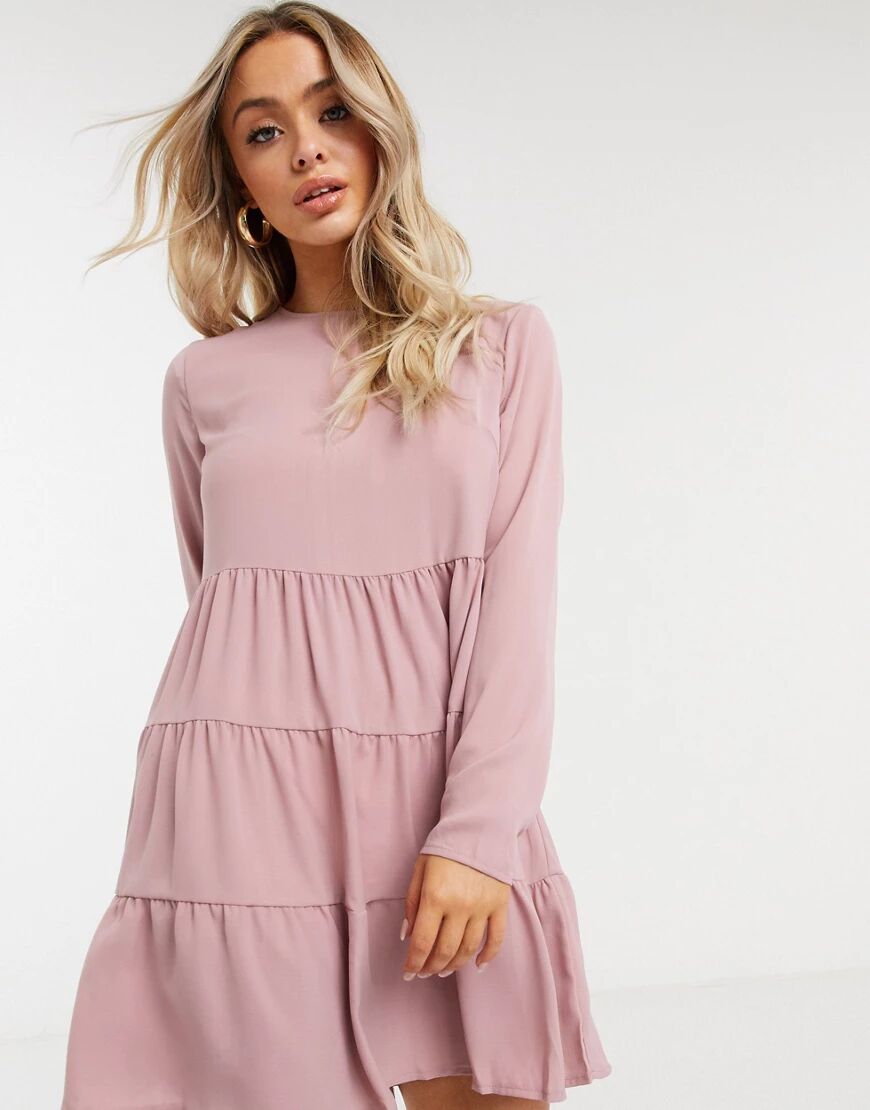 Missguided tiered smock dress with long sleeves in blush-Pink  Pink