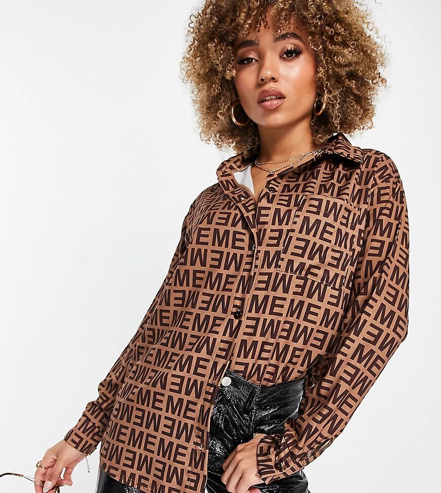 Missyempire exclusive oversized shirt in brown logo motif print  Brown