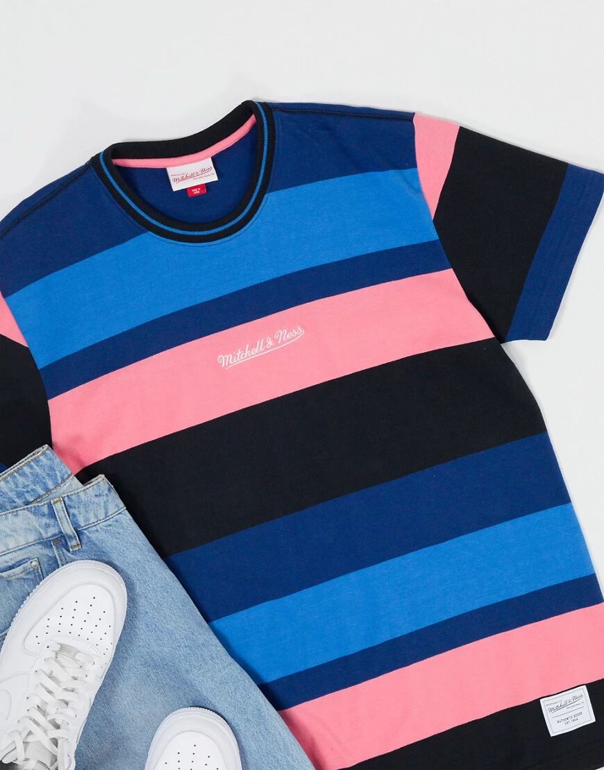 Mitchell & Ness Heavyweight Striped t-shirt in navy/pink  Navy