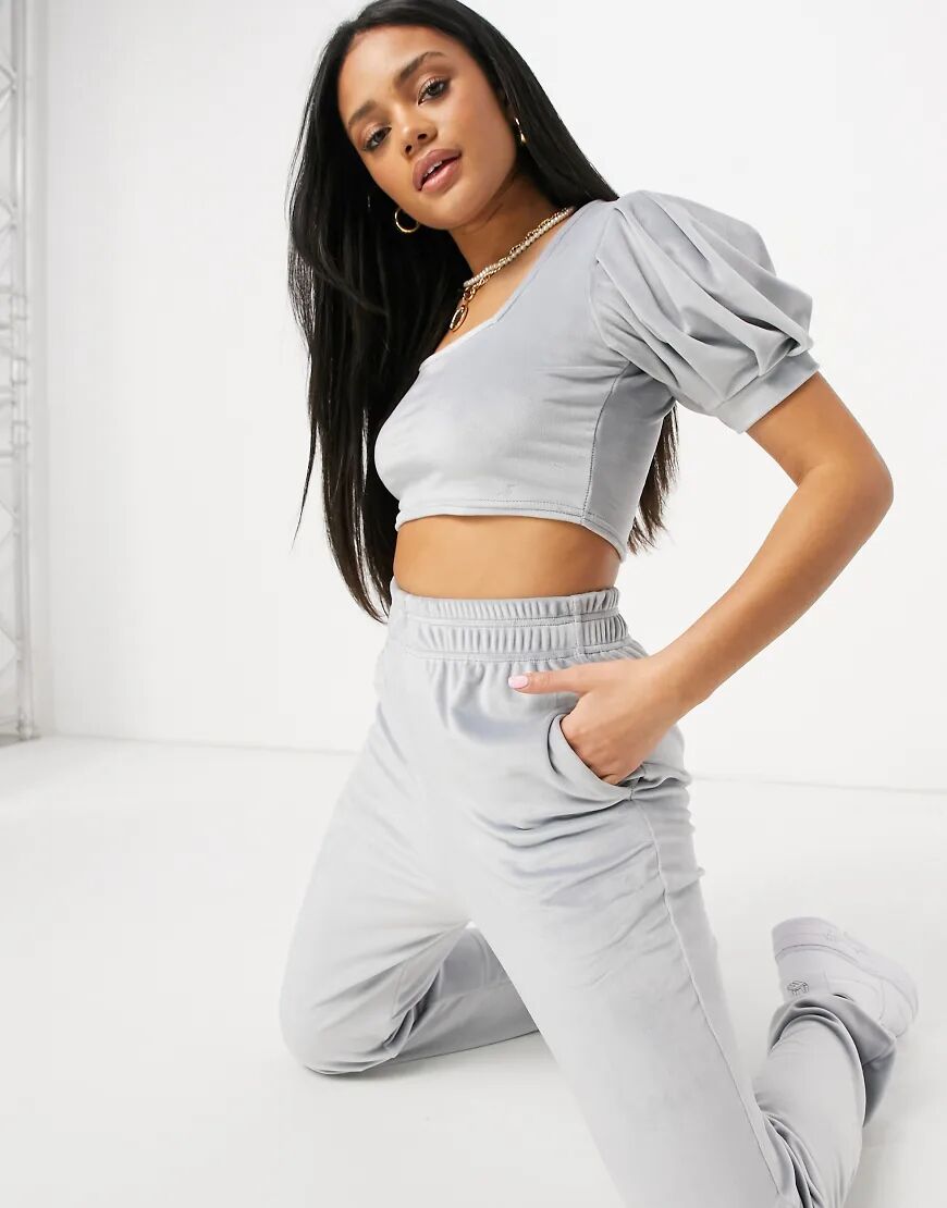 Moda Minx crop balloon sleeve top and jogger co-ord set in grey towelling  Grey