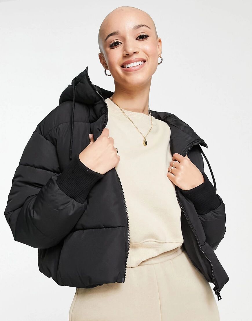 Monki Amber recycled short padded jacket with hood in black  Black
