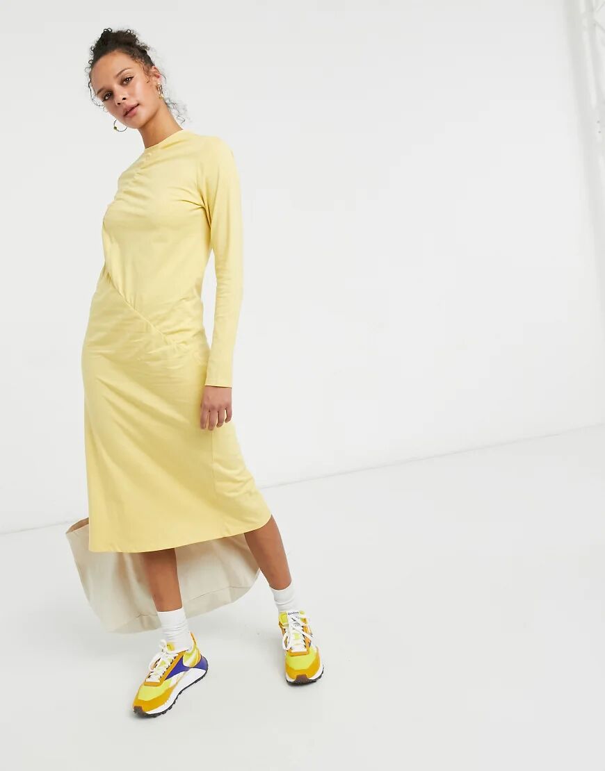 Monki Charla organic cotton long sleeve ruched front midi dress in yellow  Yellow