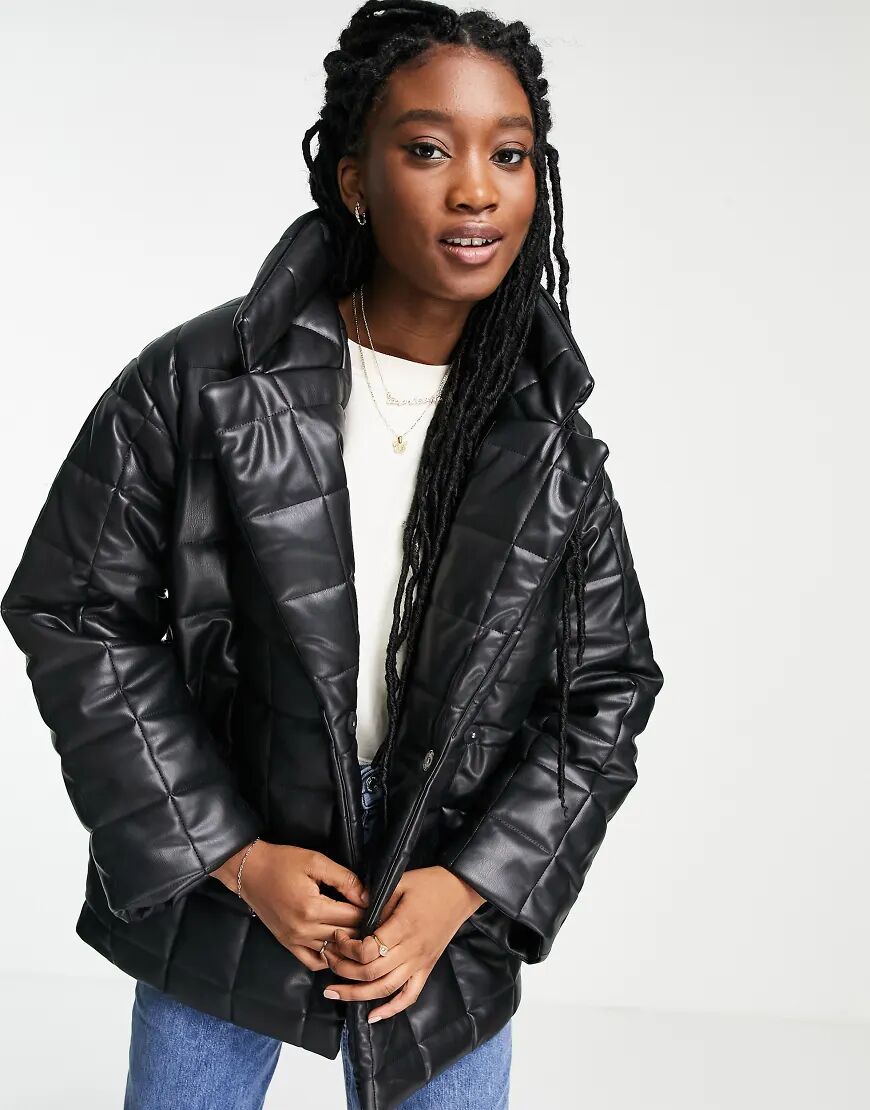 Monki faux leather quilted jacket in black  Black