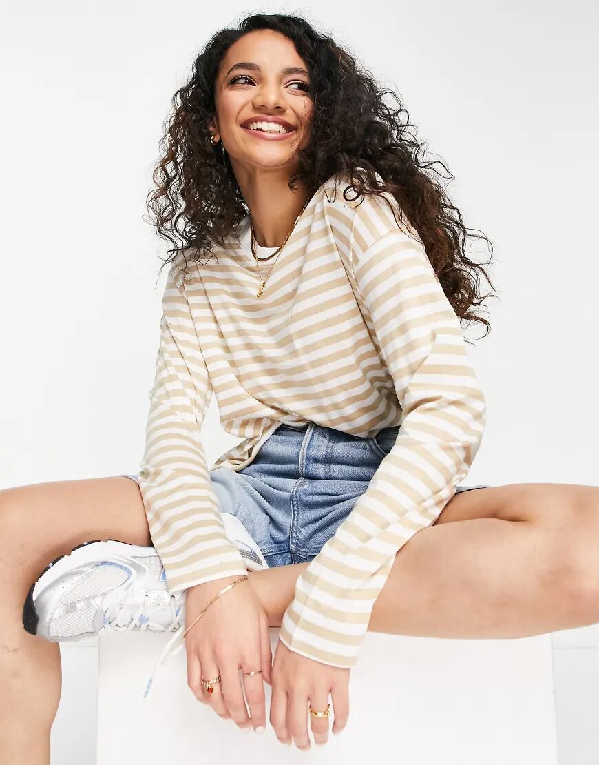 Monki Maja organic cotton blend stripe long sleeve top in beige and white  White