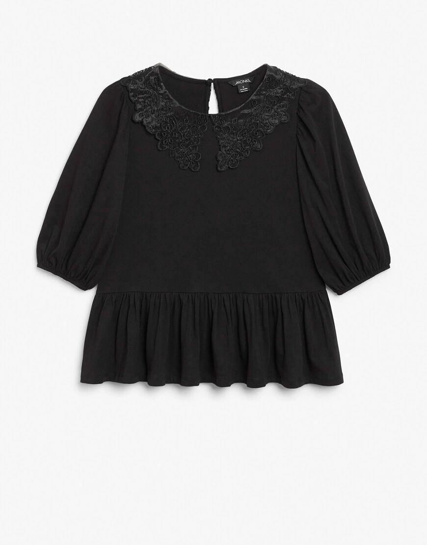 Monki Martha organic cotton top with organza collar in black  Black