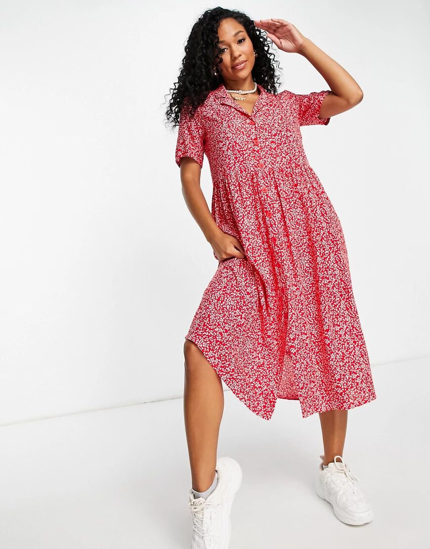 Monki Mattan ecovero viscose midi shirt dress in red floral print  Red