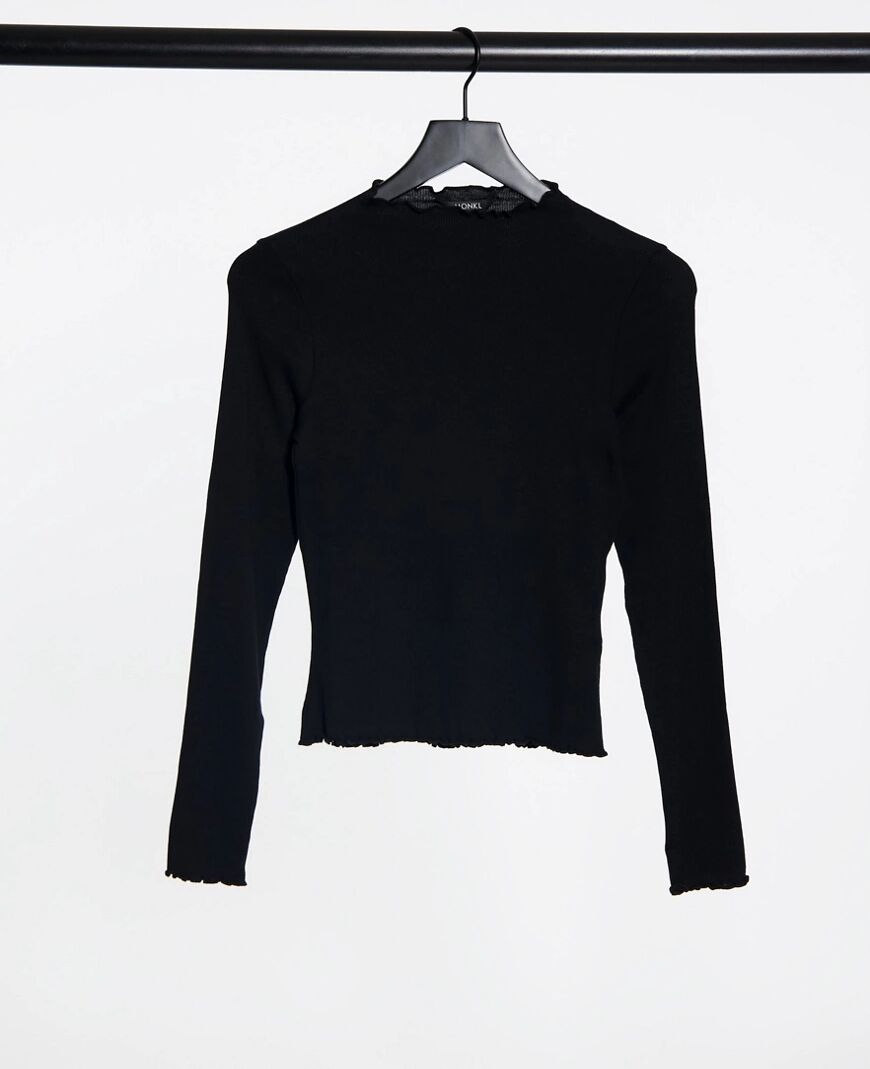 Monki Molly organic cotton ribbed long sleeve top in black  Black