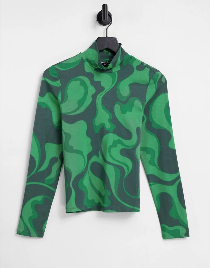 Monki organic cotton high neck swirl print top in green  Green