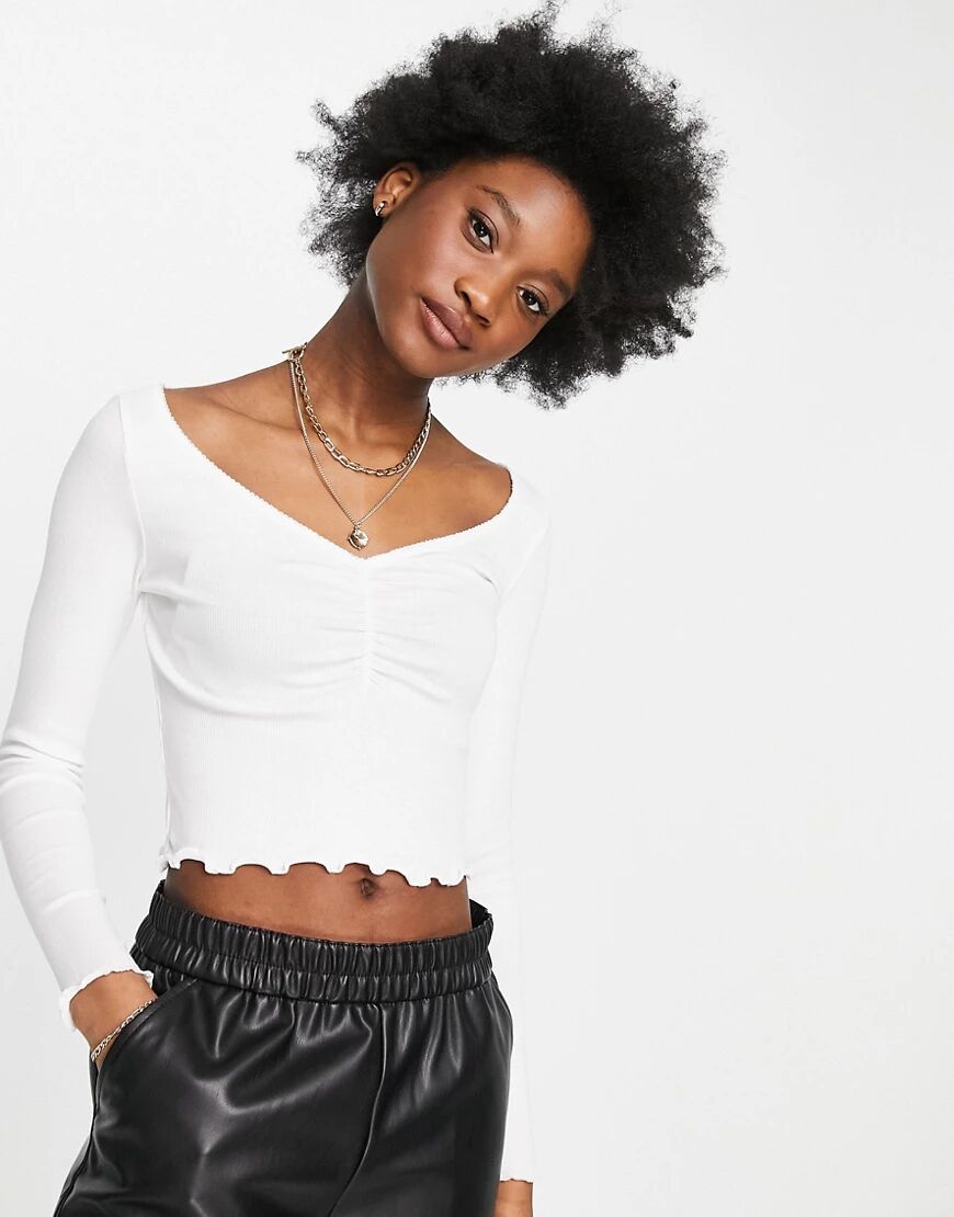Monki Paula organic cotton rouched long sleeve top in white  White