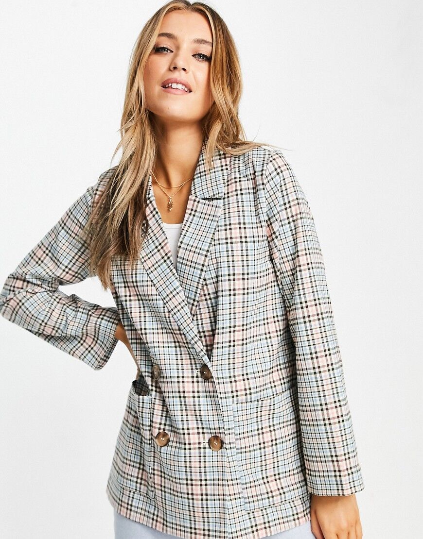 Monki Twiggy co-ord recycled double breasted relaxed fit blazer in check print-Multi  Multi