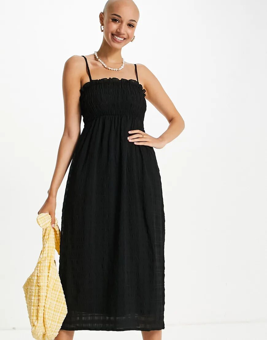 Monki Unni seersucker cami midi dress with tie back in black  Black