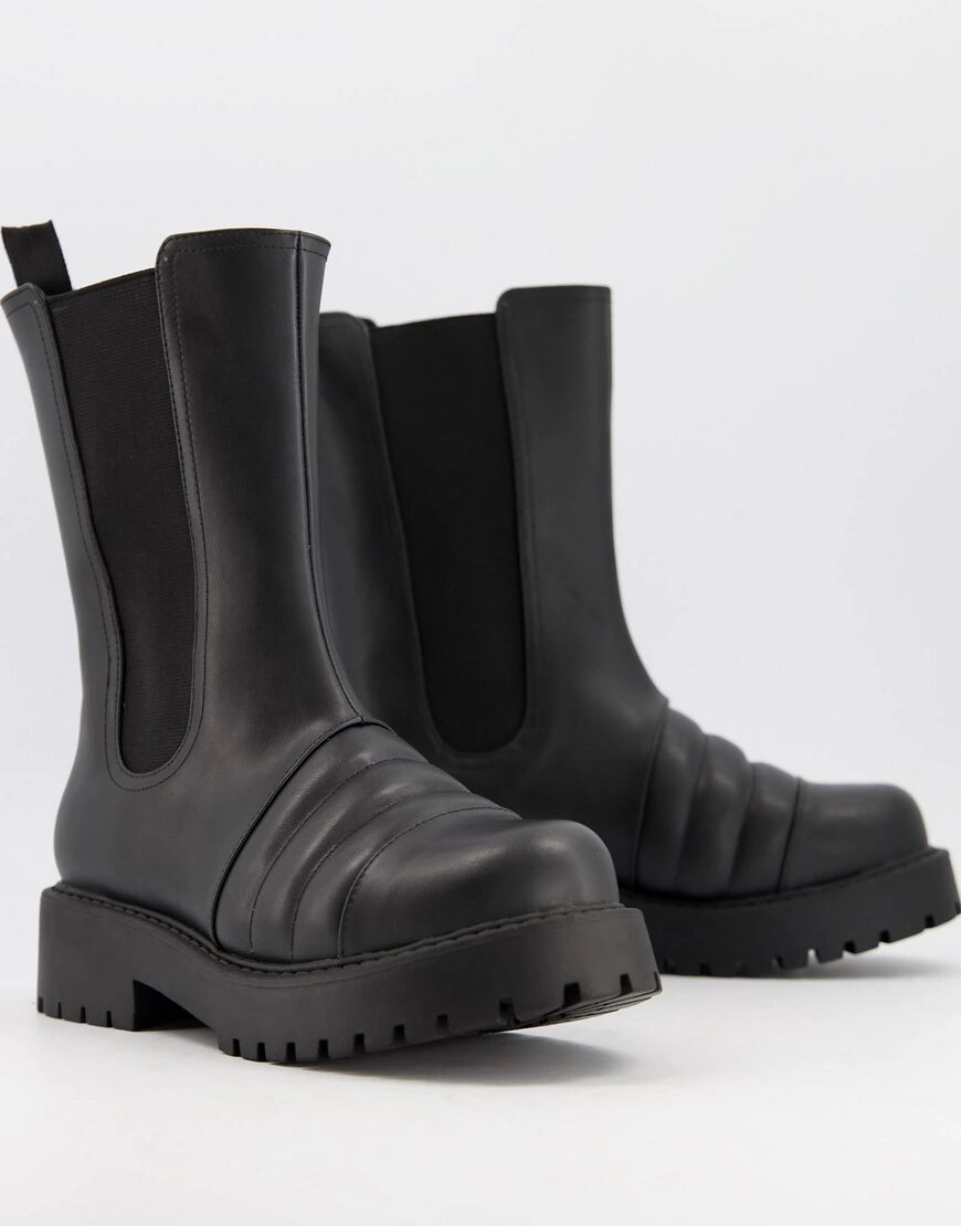 Monki Uno faux leather chunky tall boot in black  Black