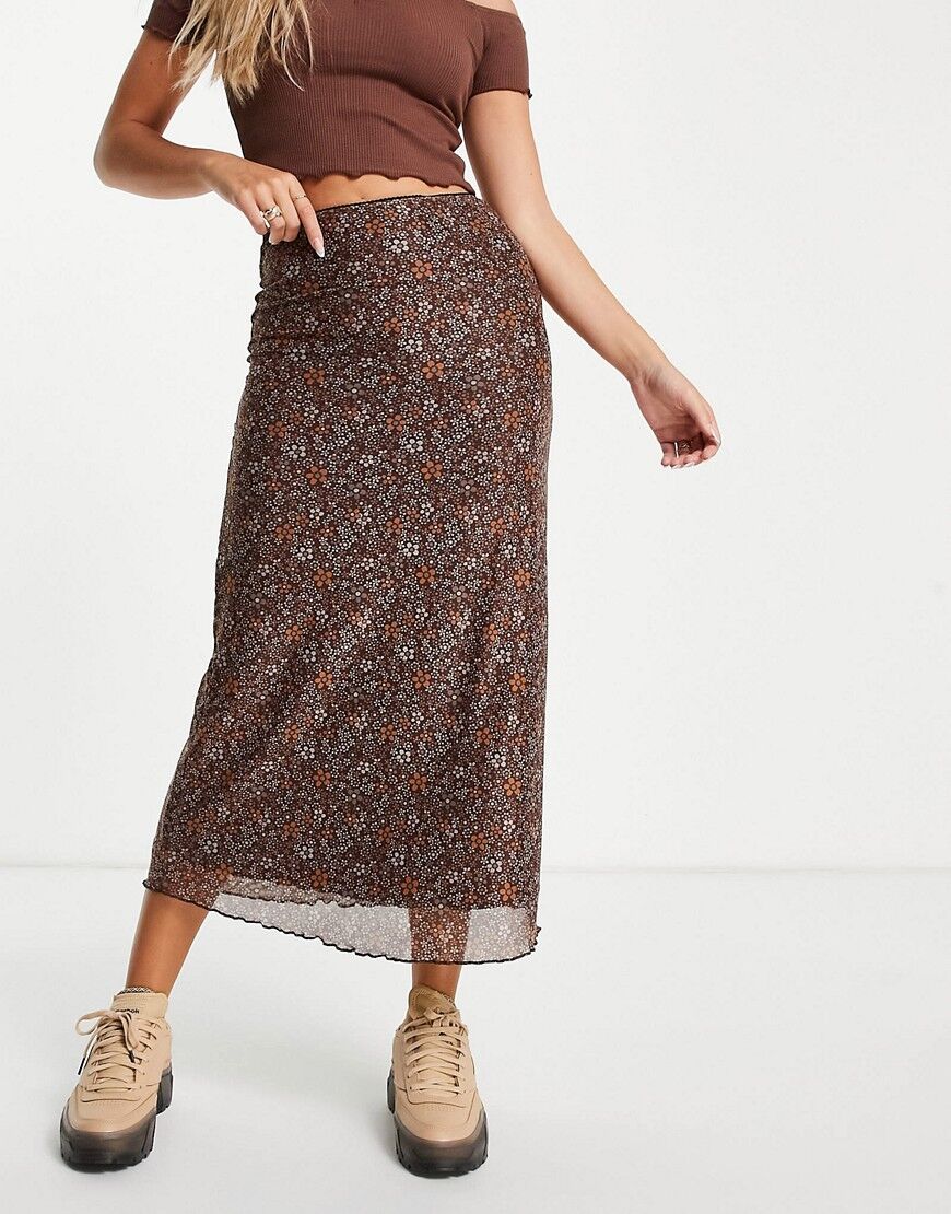 Motel 90s midi skirt in brown floral mesh  Brown