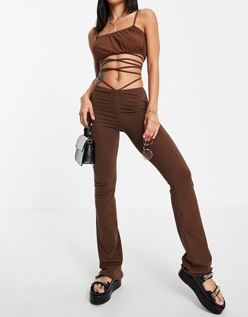 Motel high waisted flare trousers with waist tie co-ord-Brown  Brown