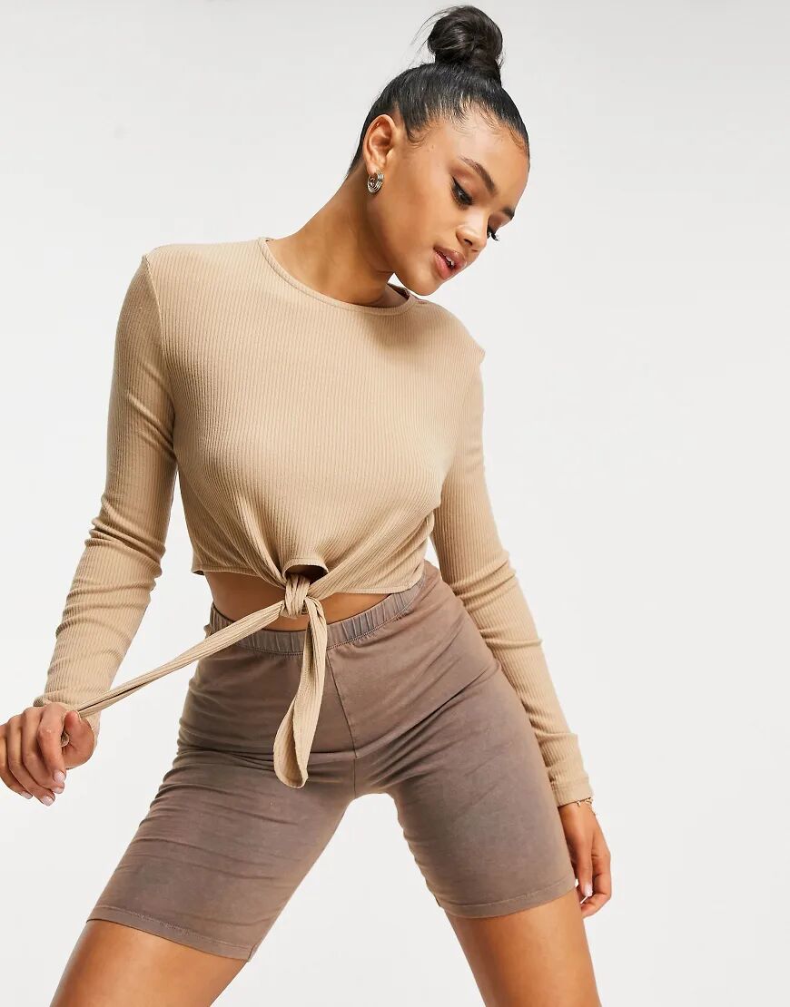 NA-KD co-ord ribbed knot detail crop top in beige-Neutral  Neutral