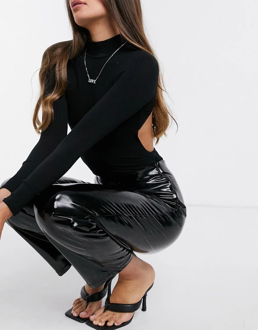 NA-KD high waisted patent wide leg trousers in black  Black