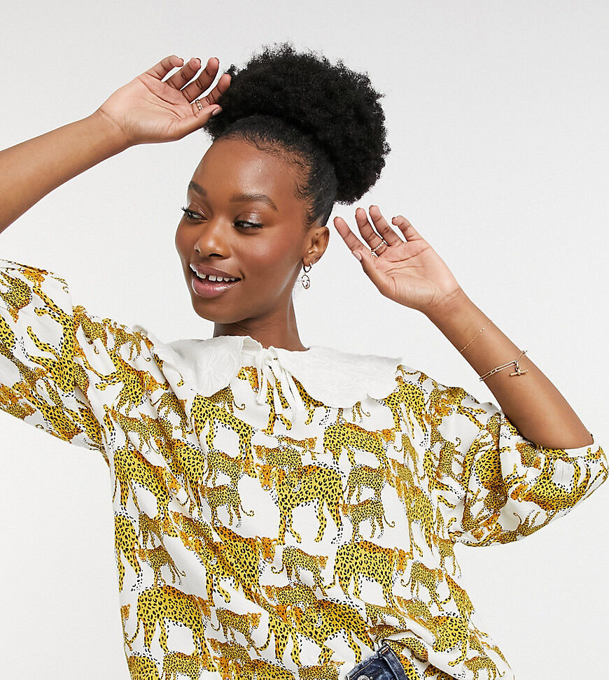 Native Youth balloon sleeve blouse with lace collar in leopard print-White  White