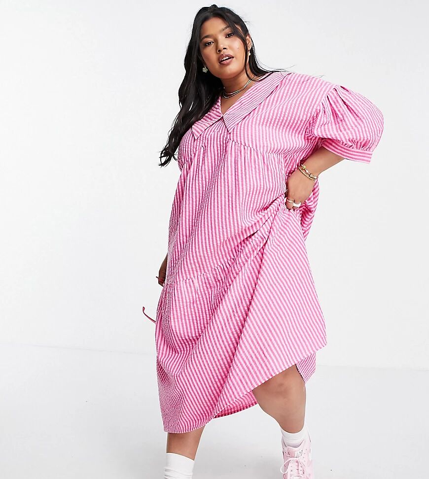 Native Youth Plus collar smock dress in neon pink stripe  Pink