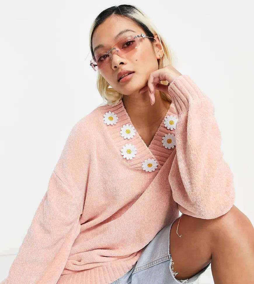 Native Youth super cute oversized jumper with daisy trim-Pink  Pink