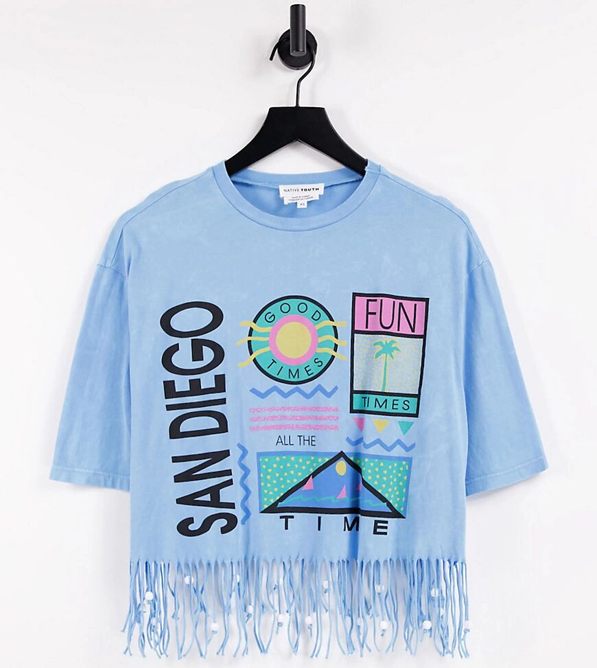 Native Youth vintage souvenir t-shirt with beaded fringe hem-Blue  Blue