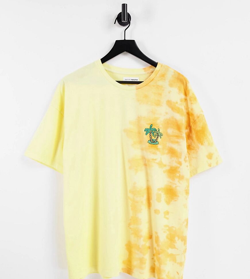 Native Youth vintage tie dye t-shirt with palm embroidery-Yellow  Yellow