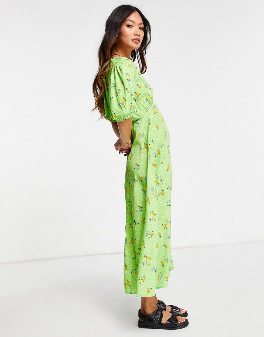 Neon Rose midi tea dress with puff sleeves and split front in bright floral-Green  Green
