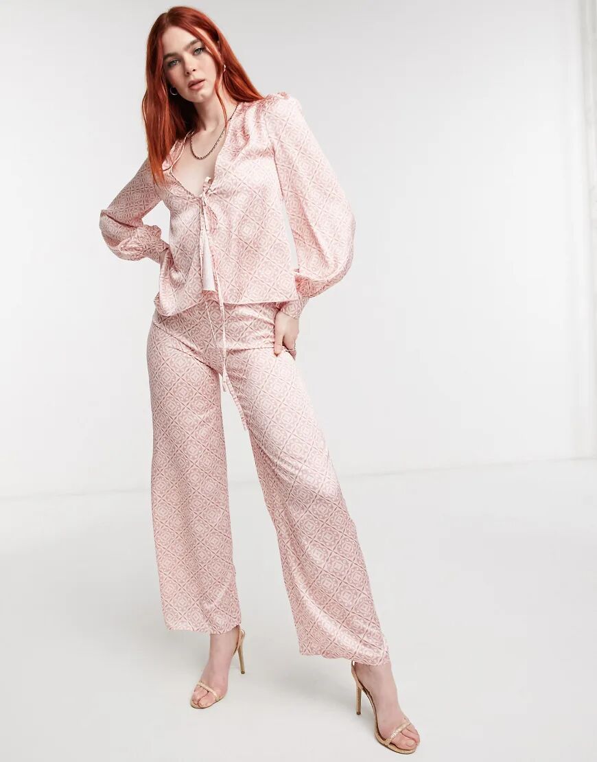 Never Fully Dressed wide leg satin trouser co-ord in tonal tile print-Pink  Pink