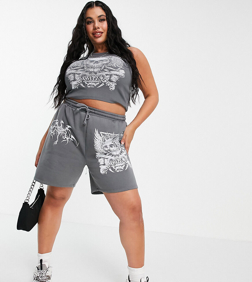 New Girl Order Curve oversized sweat shorts with grunge graphic co-ord-Black  Black