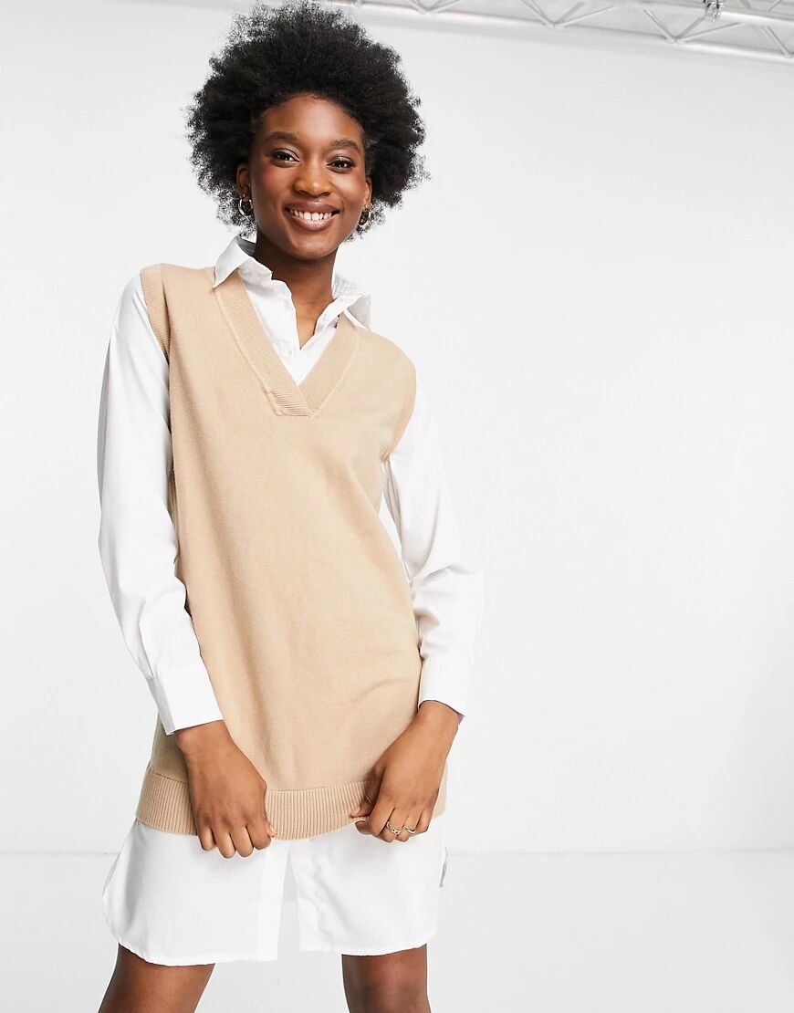 New Look 2 in 1 knitted shirt dress in camel-Neutral  Neutral