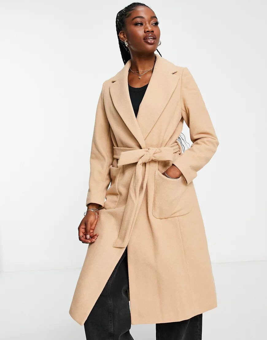 New Look belted tailored coat in dark camel-Brown  Brown