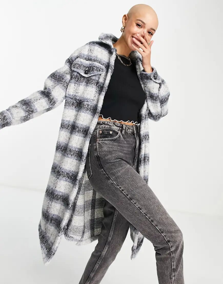 New Look brushed midi check shacket in blue check-Grey  Grey