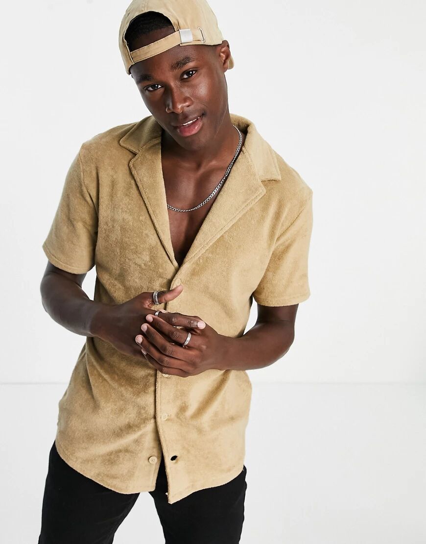 New Look co-ord towelling short sleeve shirt with revere collar in stone-Neutral  Neutral