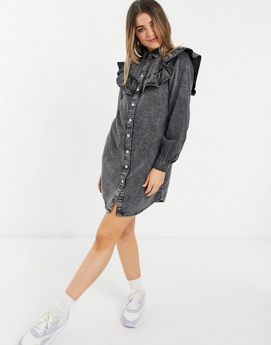 New Look denim ruffle shirt dress in black  Black