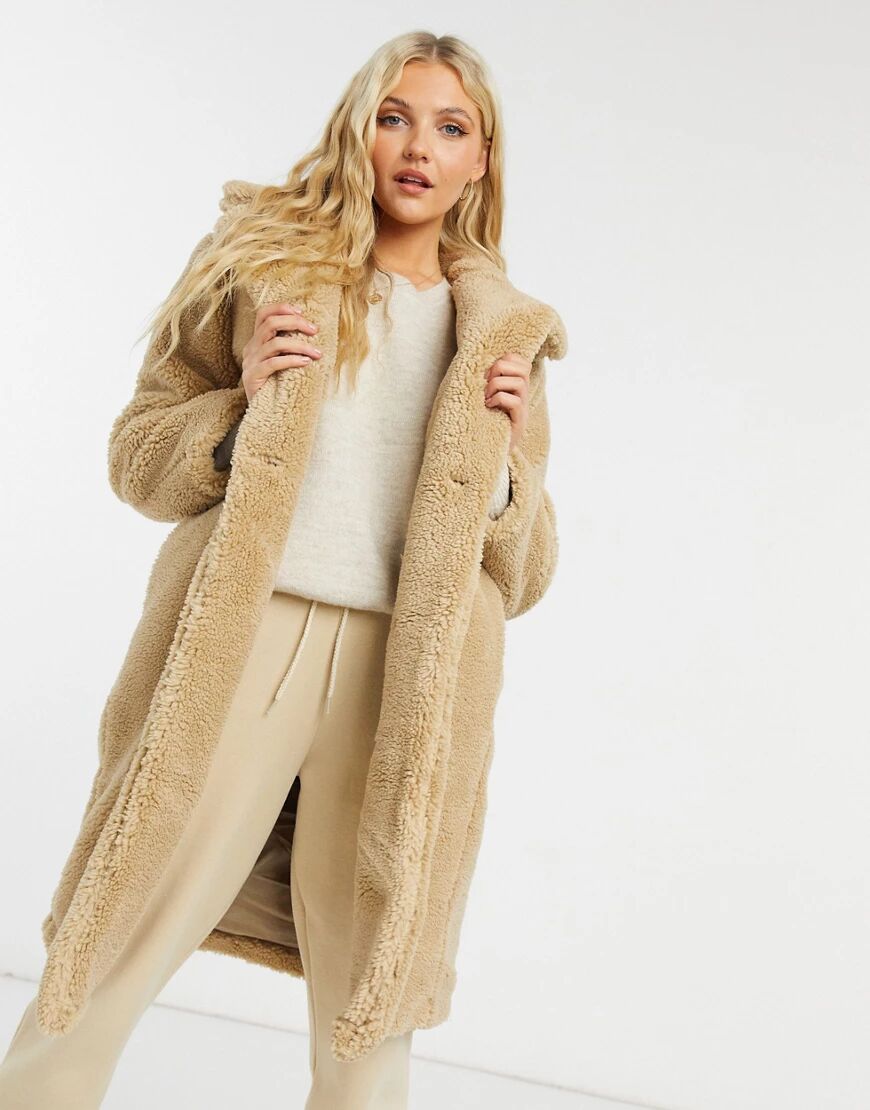 New Look longline teddy borg coat in stone-Neutral  Neutral