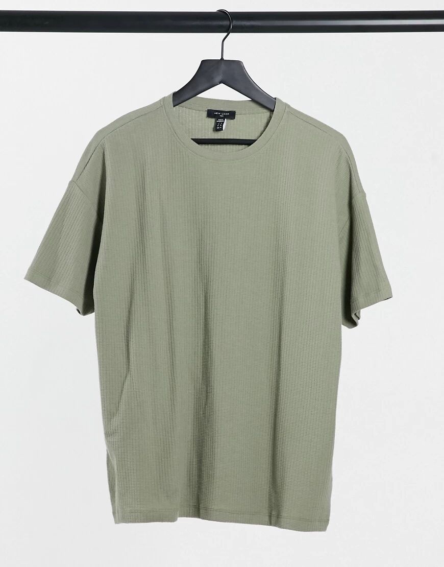 New Look oversized textured grid t-shirt in khaki-Green  Green