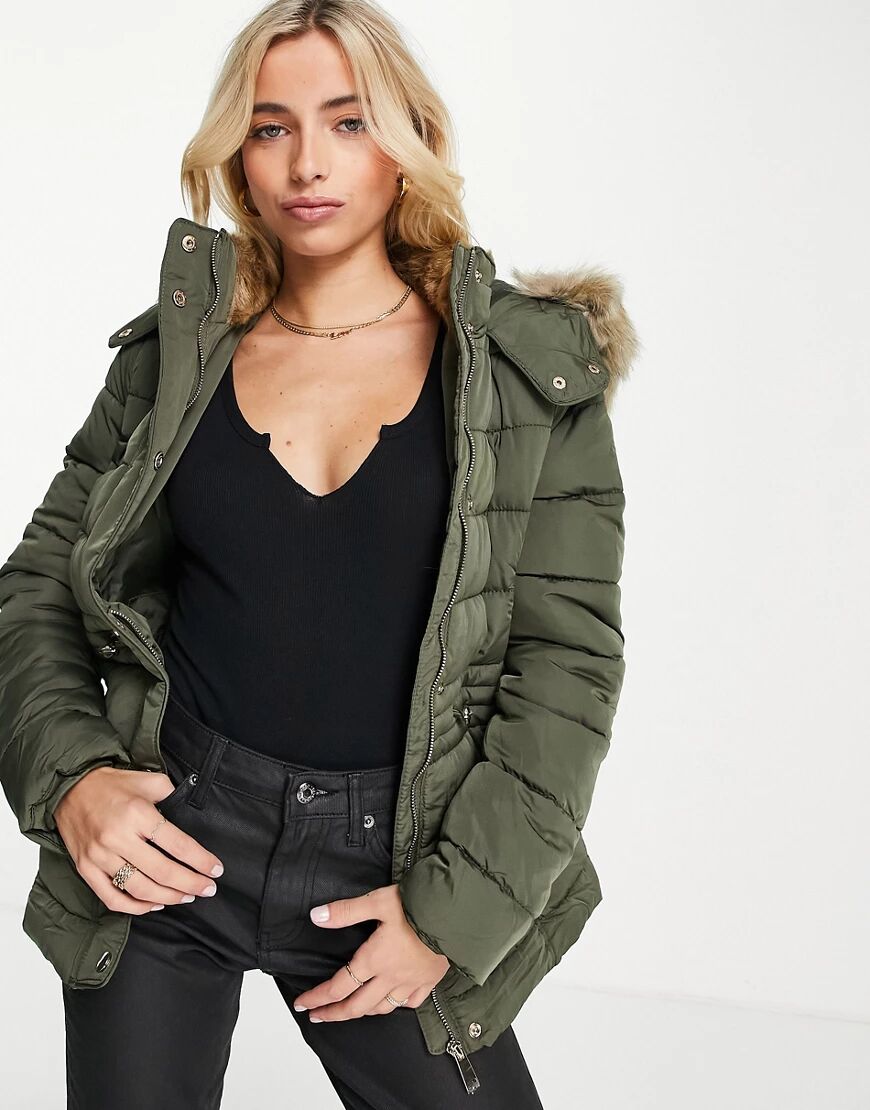 New Look padded coat with faux fur trim in khaki-Green  Green