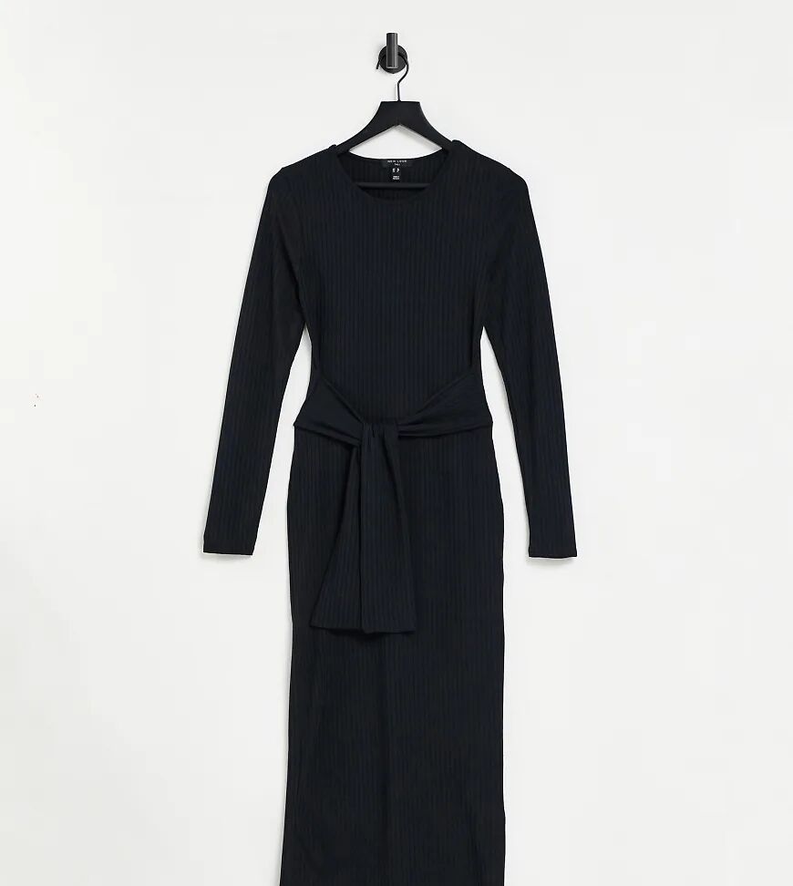 New Look Tall 3/4 sleeve ribbed tie front midi dress in black  Black