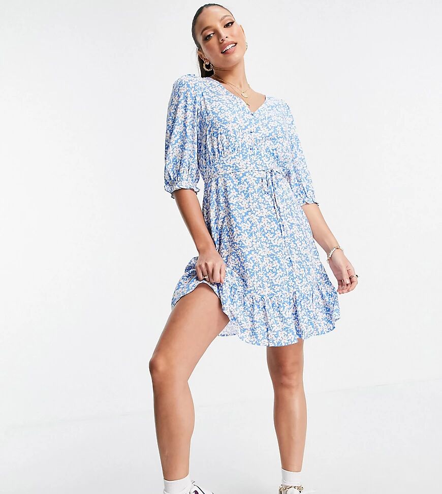 New Look Tall floral v neck button mini dress in blue pattern  Blue
