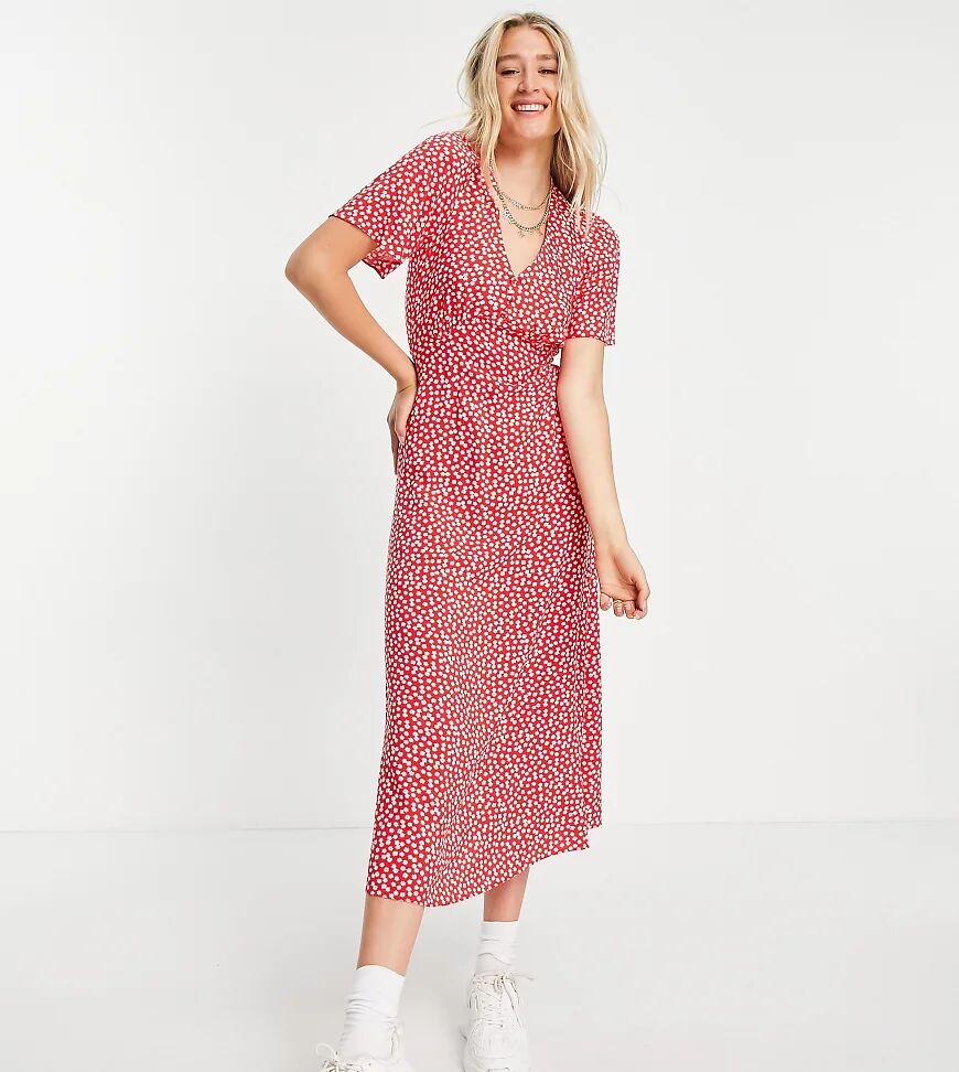 New Look Tall flutter sleeve drop hem midi dress in pink pattern  Pink