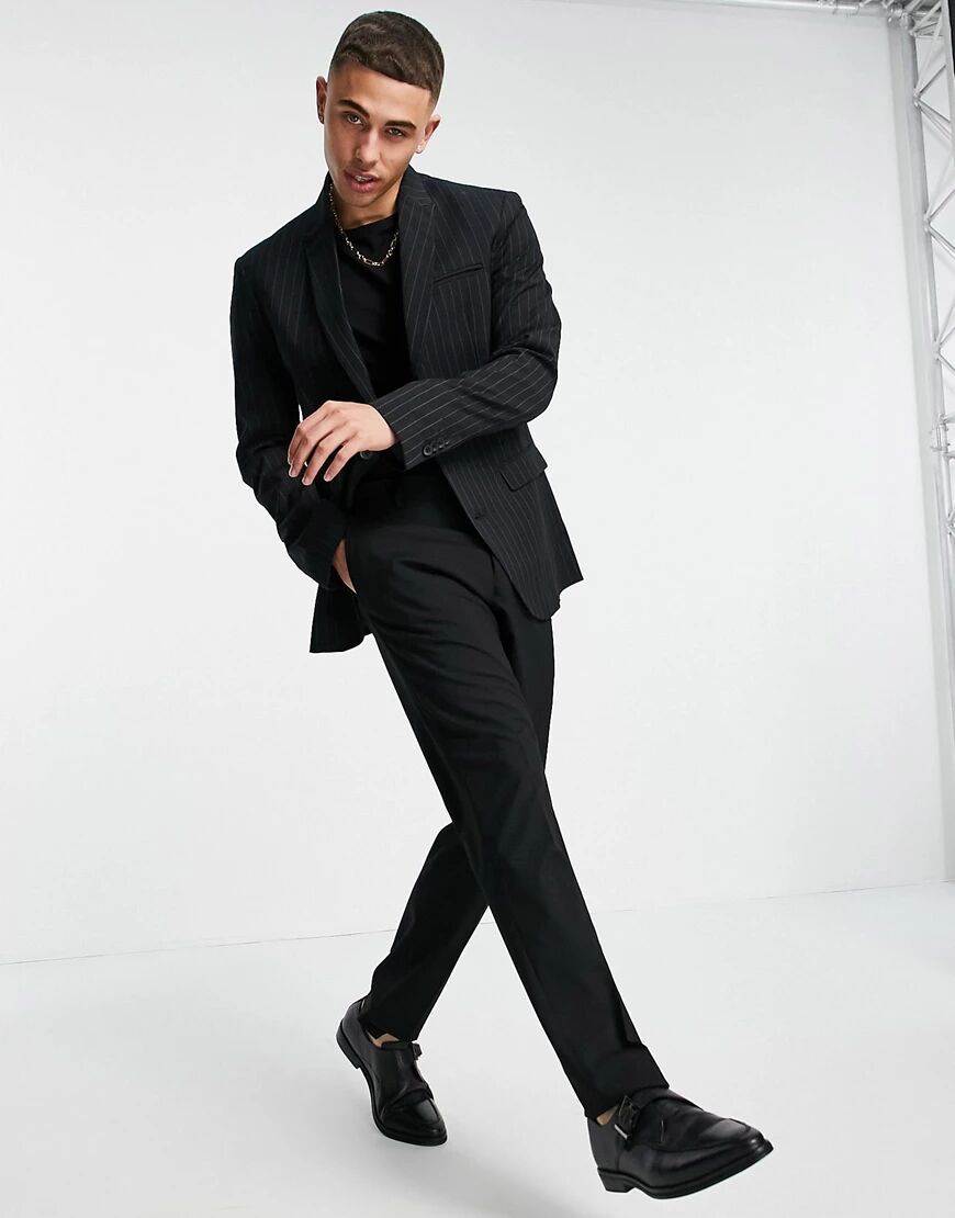 New Looks skinny pinstripe suit jacket in black  Black