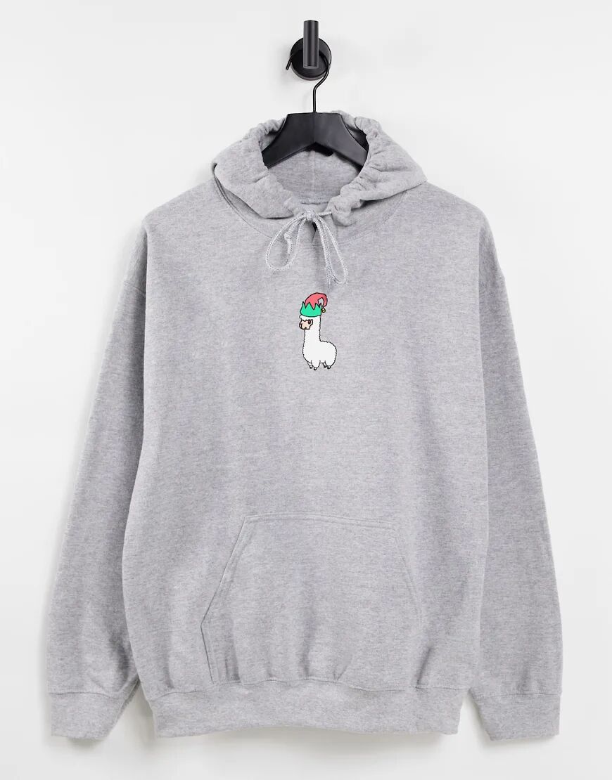 New Love Club christmas llama print graphic hoodie-Grey  Grey