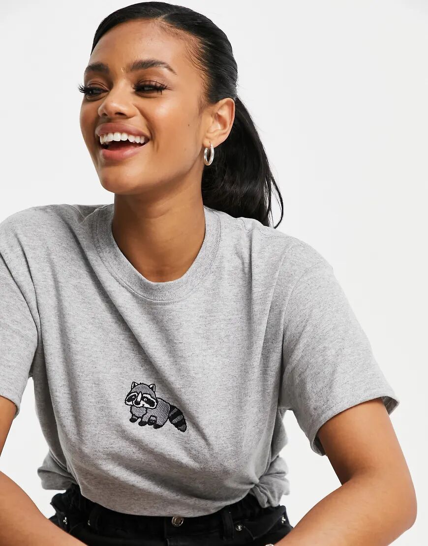 New Love Club oversized t-shirt with embroidered raccoon in grey  Grey