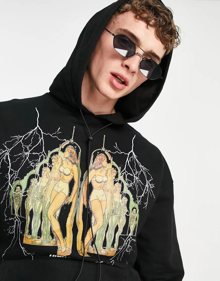 Night Addict chest print overhead hoodie in black  Black