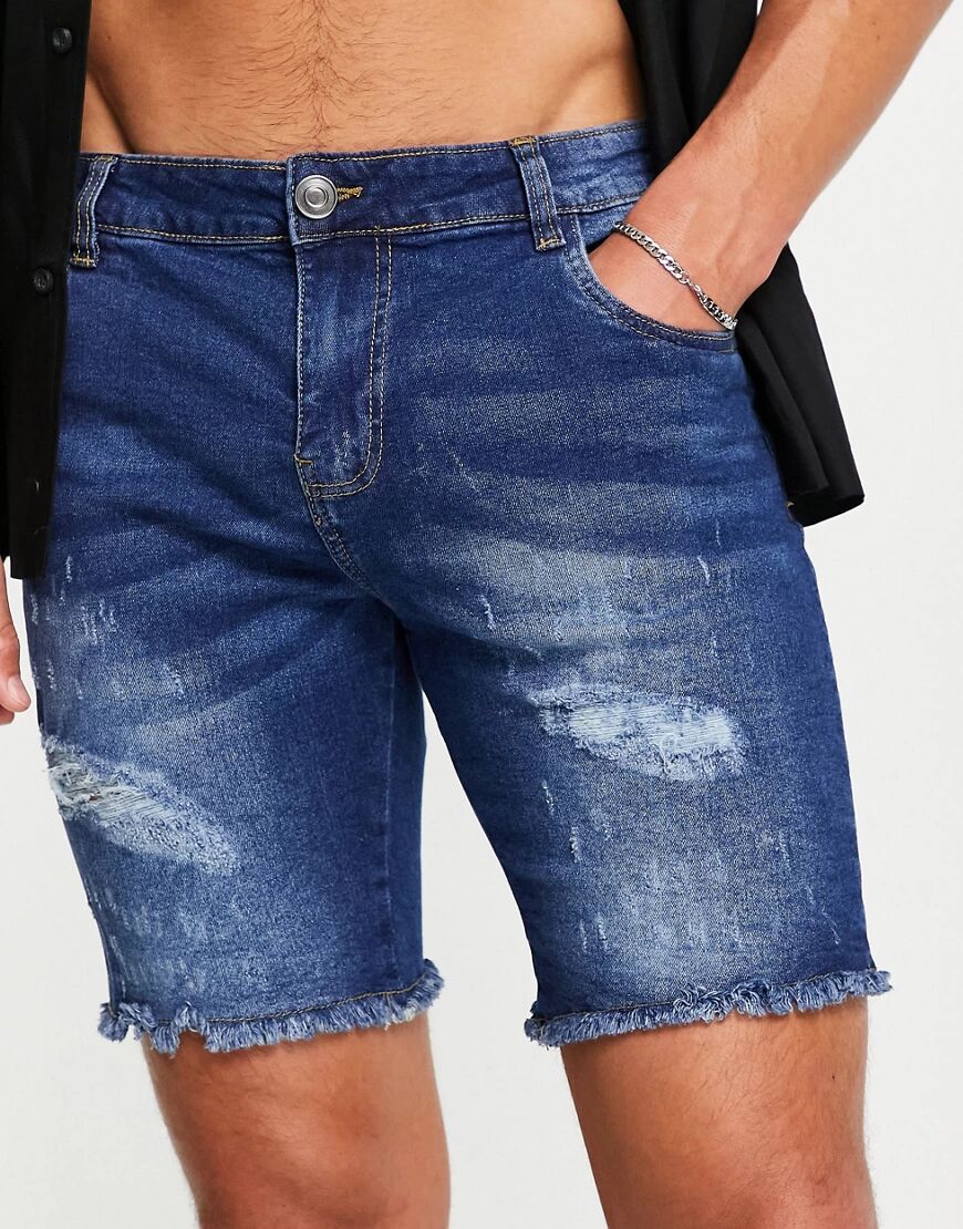 Night Addict destroyed hem denim shorts in indigo-Blue  Blue