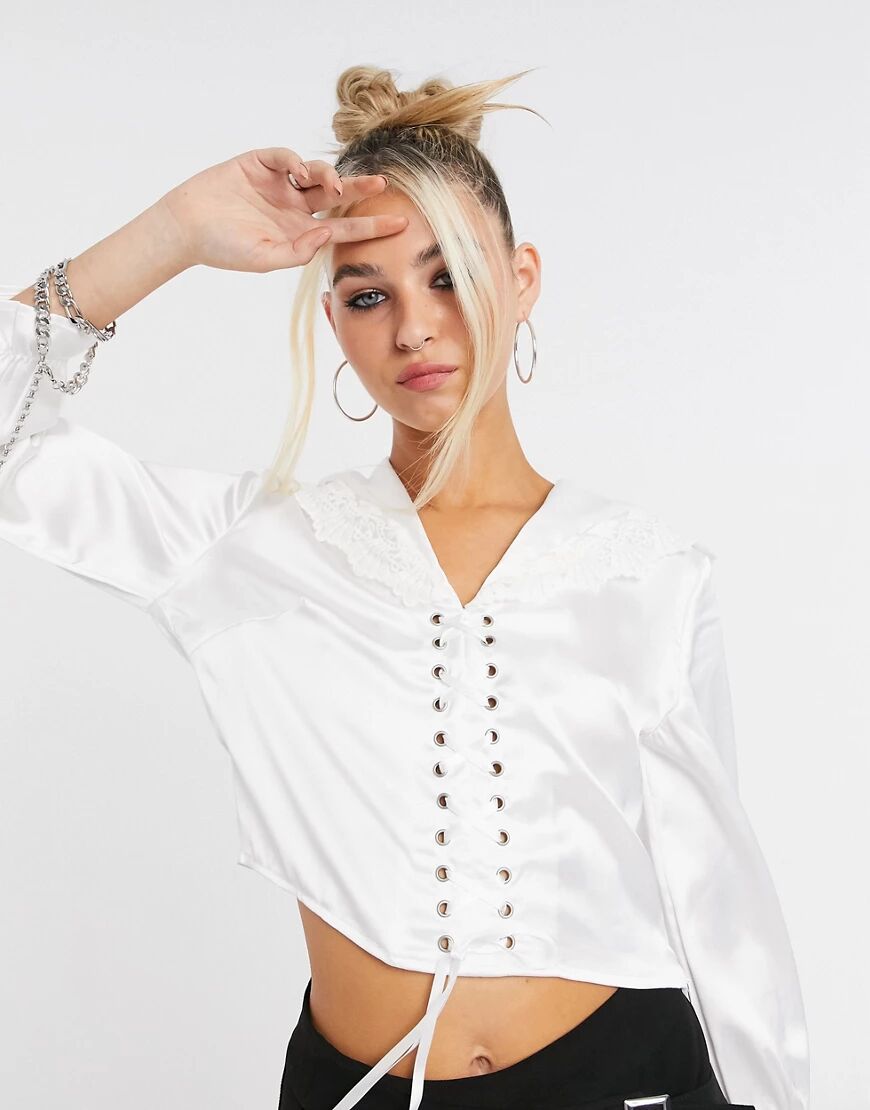 NiiHai cropped sailor shirt with tie front and lace hem-White  White
