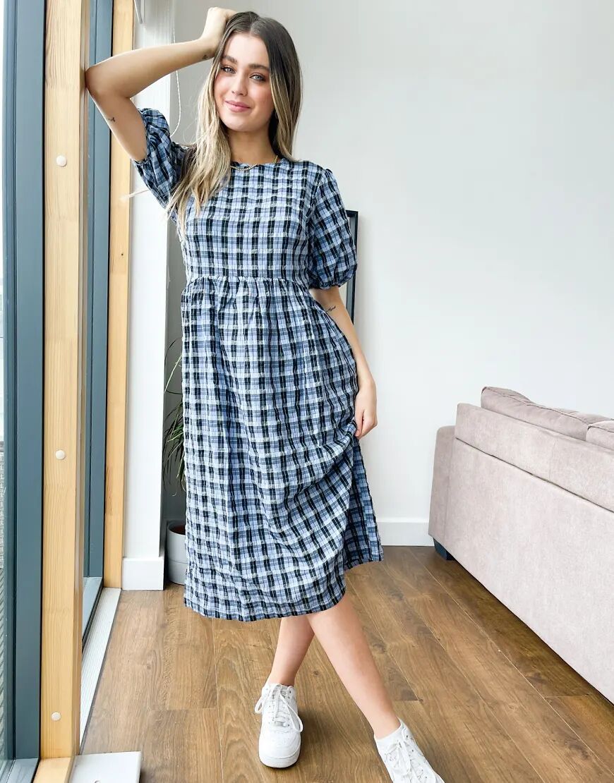 Nobody's Child midi smock dress with volume sleeves in blue gingham  Blue