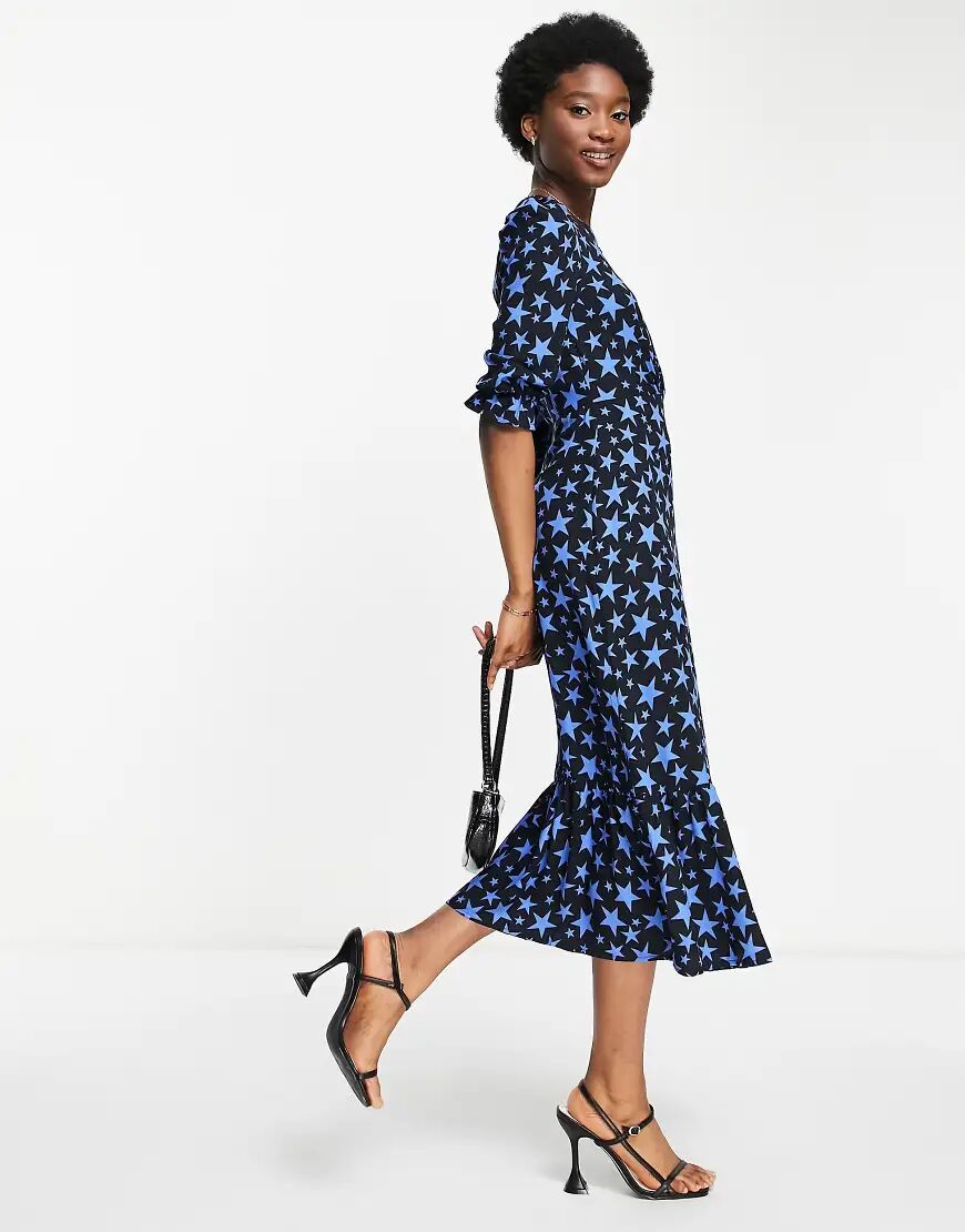 Nobody's Child puff sleeve midi tea dress in blue star-Black  Black