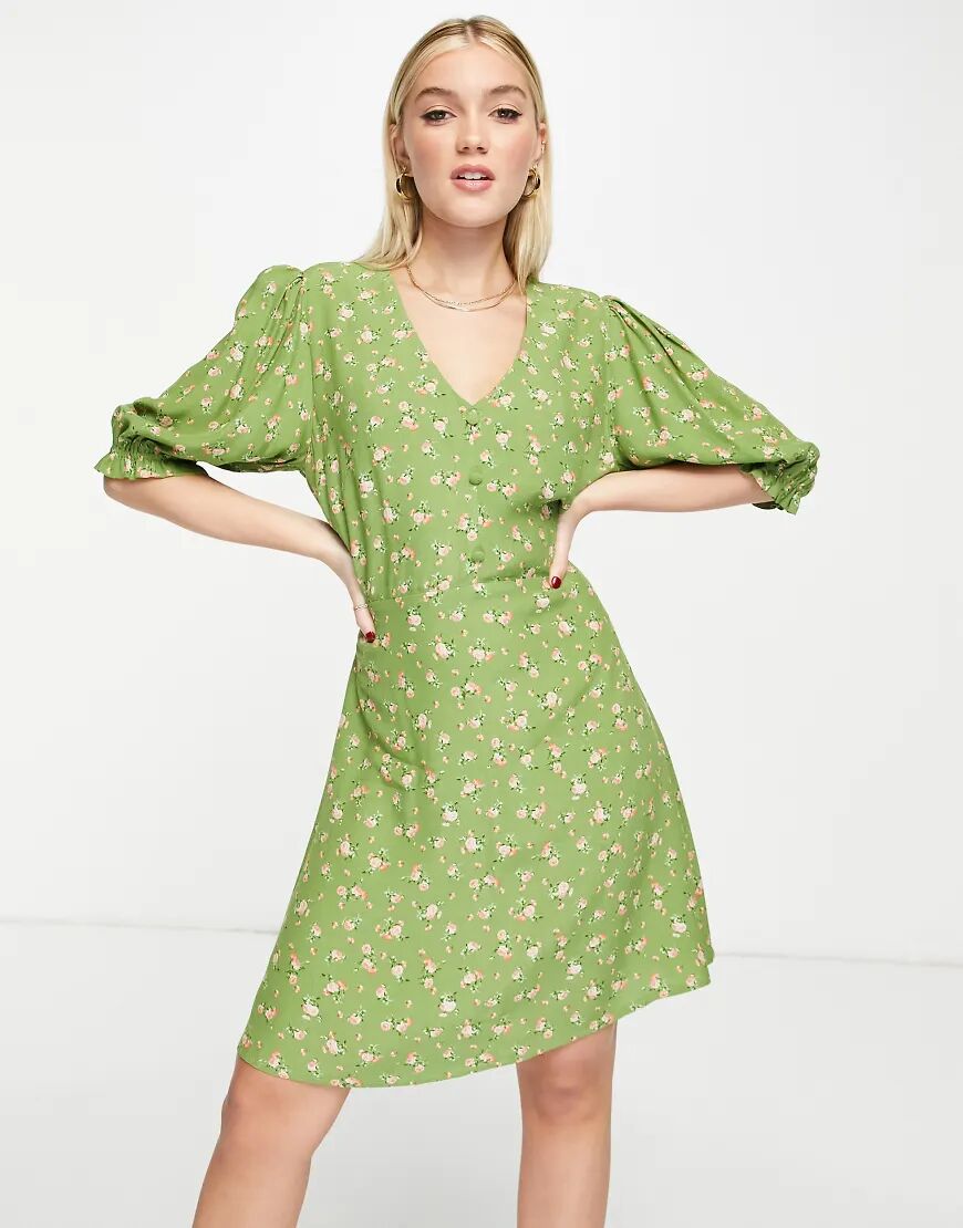 Nobody's Child v-neck mini flippy tea dress in green floral  Green